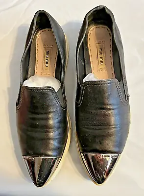 Free Ship Miu Miu  Prada 37/ 7  Blk Leather Slip-on Shoe Flat Metal Toe Cap • $55