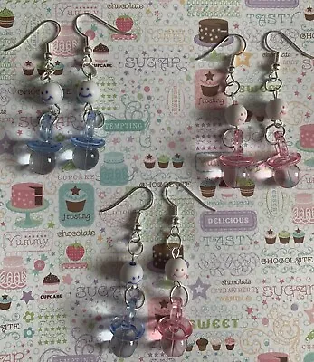 Pink Blue Baby Face & Dummy Dangly Earrings Baby Shower Gender Reveal Mum To Be • £2.50