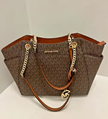 Michael Kors Jet Set Travel Large Chain Mk Signature Logo Tote Handbag In Brown • $107.94