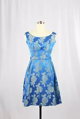 Vintage 50's AFTER DARK Blue Iridescent Satin Brocade Fit & Flare Dress Size XS • $95