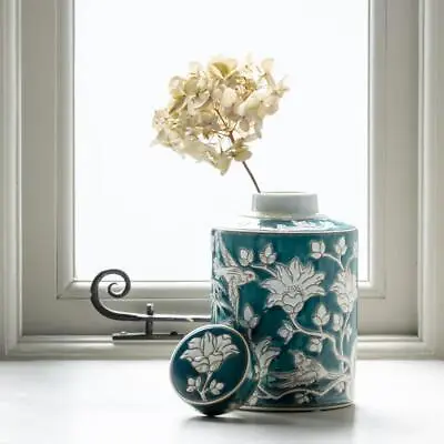 Large Glass Jar Round Lidded Storage Ginger Jar Blue White Floral Ceramic Pot • £26