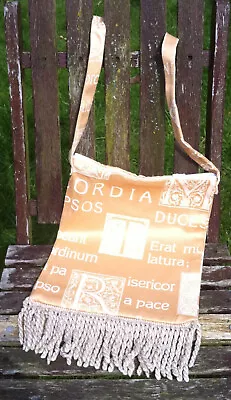 £8.99 • Buy Shoulder Bag Gold Satin Med Fringed Zip Latin Words Motif Hippy Festival