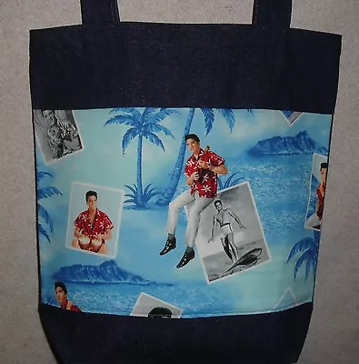 NEW Large Denim Tote Bag Handmade/w Elvis Presley Blue Hawaii Photo Fabric • $22.99