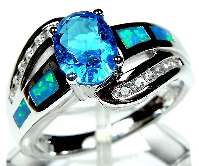 $29.75 • Buy Blue Topaz & Blue Fire Opal Inlay 925 Sterling Silver Ring Size 7