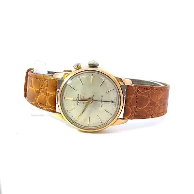 Vulcain Cricket Alarm Watch Vintage White Dial Gold Plated Leather Mens • $949.97