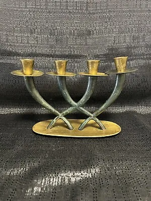 Vintage Pal-Bell Bronze Green Menorah Shabbat Candleholder ￼Israel Mid Century • $212.50