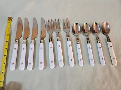 Vintage Cutlery Flatware Set 11 Pieces Stainless Steel White Plastic Handle • $9.99