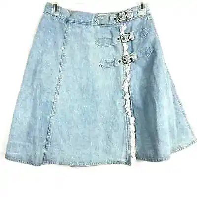 Baccini Skirt Womens 7 8 Jean Vintage 90s Light Wash Denim Frayed Buckle Circle • $21.46