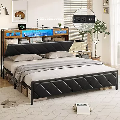 LED King Bed Frame With Hidden Storage Headboard &Charging Station Platform Bed • $249.97