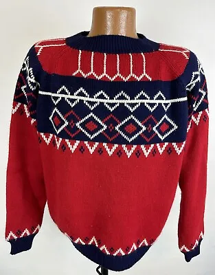 Vintage 70s JC PENNEY Fair Isle Ski Sweater XL Red Navy Blue Raglan Pullover • $25.49