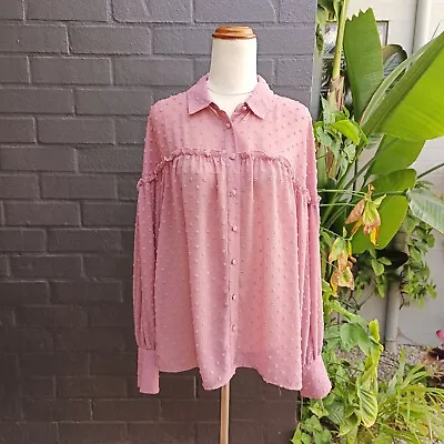 Decjuba Sz 8 Dusty Pink Button Up Collared Semi Sheer Long Sleeve Shirt • $14.95