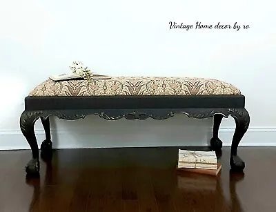 Vintage Clawfoot Bench.  Upholstered Victorian Entryway Bench French Country Sea • $365