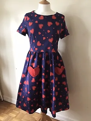 Lindy Bop Navy Blue Red Love Heart Pocket Dress With Heart Open Back Uk 14 • £19