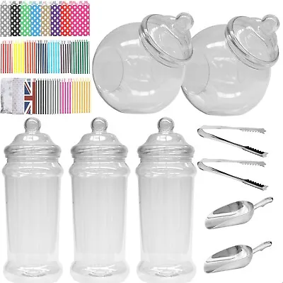 Large Plastic Sweet Jar Candy Buffet Kit 5 Jars Scoops Tongs Bags Wedding Party • £20.59