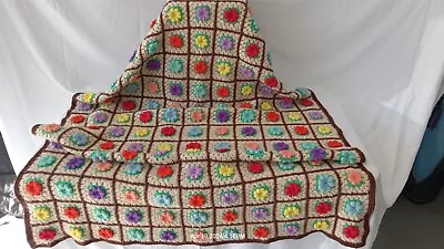 Vtg Handmade Granny Square Floral Crochet Throw Blanket 4'x6' • $10