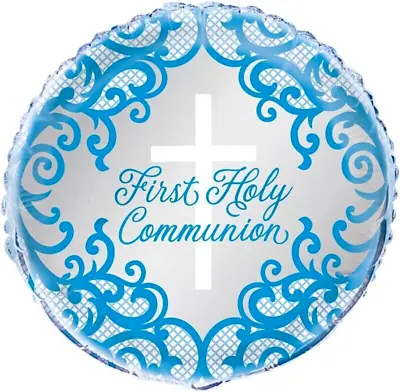 1st HOLY COMMUNION FOIL BALLOON - BLUE  PARTY DECORATION - CROSS  Boy FIRST • £2.99