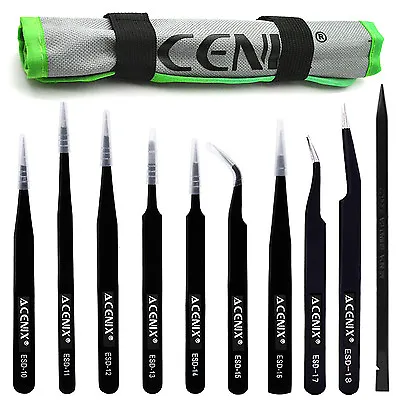 ACENIX® 10 Pcs Set Professional Precision ESD Anti-Static Tweezers + Black Nylon • £7.95