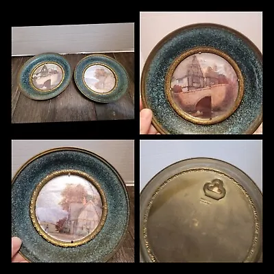 2 Vintage Solid Brass Foil Art Pictures Wall Hanging Plate Made In England • $25