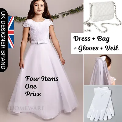 Holy Communion Dress Girls Full Length Optional Matching Outfit Veil Gloves Bag • £179