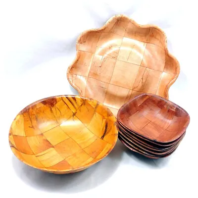 Lot Of 9 Vintage Woven Wood Parquet Bowls 6  Soup  10  Serving  12  Scalloped • $35.34