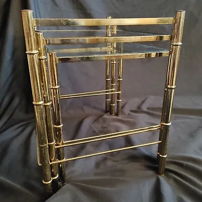 Vintage 3 Midcentury MCM Brass Tone & Glass  Bamboo Look Nesting Side Tables  • $223