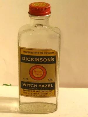 Vintage Dickinson’s Witch Hazel Medical Bottle 4 Oz. Half Full 1933 FREE SHIP • $18.95