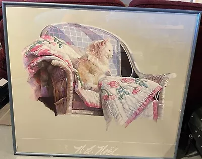 Vintage White Cat On Wicker Chair With Quilt By N.A. Noel Framed. • $350