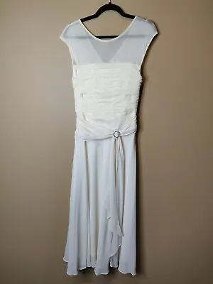 Sangria Women 12 Formal Maxi Dress Ivory Sheer Top Pleated & Tie Broach Side Zip • $12.25