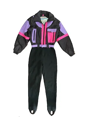 Sunice Vintage Ski Suit Snow One Piece 80's 90's Stirrup Zip Black Neon Women 10 • $129.95