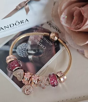 Pandora 14k Rose Gold Snake Chain Bracelet 17cm Plus 9 Stunning Charms Ale R • £229.99