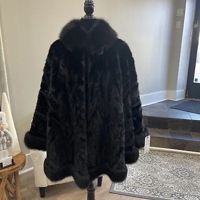 Black Natural Mink Fur Oversized Cape Wrap With Black Fox Fur Trim NWT • $1495