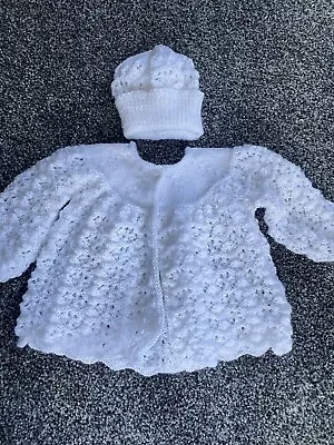 Hand Knitted Baby Girl Cardigan And Hat Set Aged 3-6 Months • £8