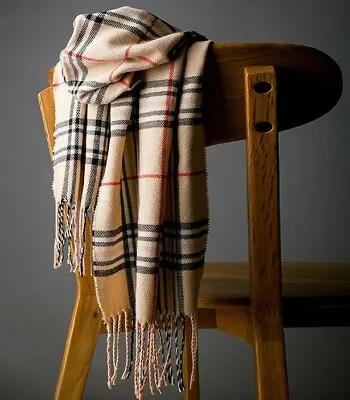 Men Ladies Women W/W Classic Checked Tartan Print Plain Beige Tassel Scarf UK • £6.99