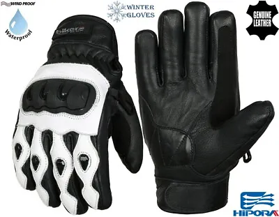 Mens Black & White Thermal Motorbike Motorcycle Motocross Winter Leather Gloves • £14.99
