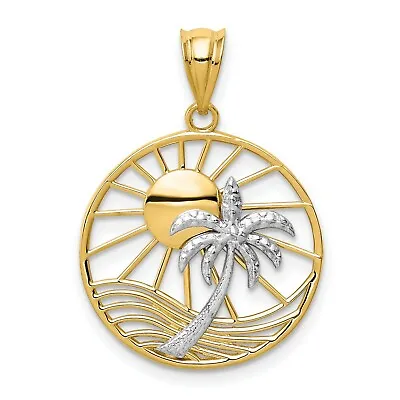 $150.99 • Buy 14k Two-Tone Yellow Gold Shining Sun And Palm Tree In Round Charm Pendant