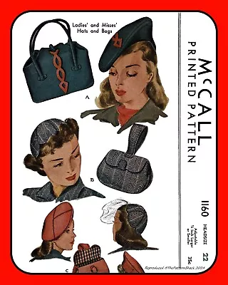 Hat BERET Cap HANDBAG Purse Sz 21½-22½ McCall 1160 VTG 1944 Craft Sewing Pattern • $6.50