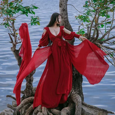 Women Fairy Medieval Maxi Long Dress V Neck High Waist Prom Gown Renaissance Red • $97.12