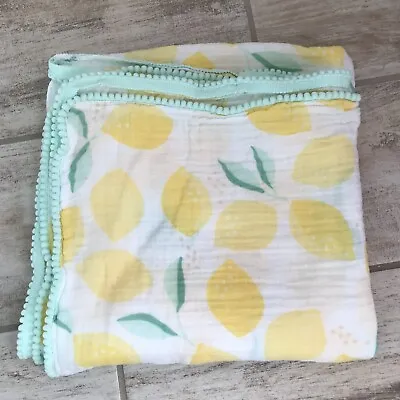 Cloud Island Lemons Cotton Muslin Swaddle Baby Blanket Lovey Green PomPom Trim • $13.99