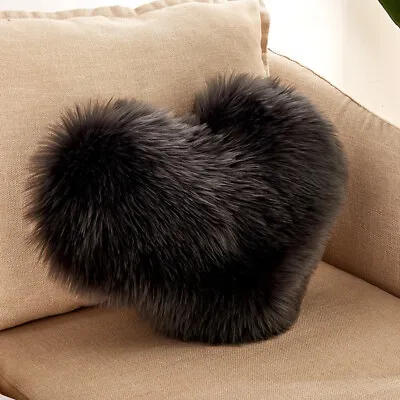 Love Heart Shape Fluffy Plush Cushion Cover Faux Fur Pillow Case Sofa Home Decor • £11.12