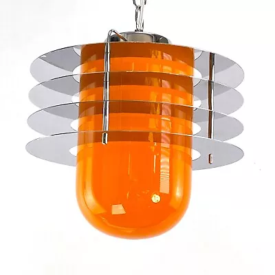 Lounge Ceiling Space Age Oranges Flashed Glass Chrome Rings Hanging Lamp 1970er • $694.56