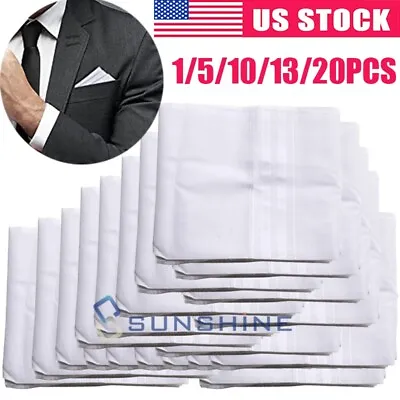 1-20PC Men Cotton Handkerchiefs White Hanky Pocket Hankie Square Lot Set Vintage • $13.99