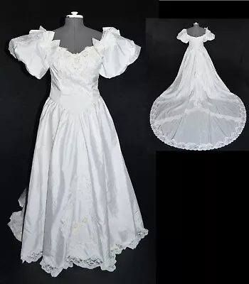 Lizette Creations Vintage 80s White Taffeta Beaded Wedding Dress W/ Train 16 • $299.76