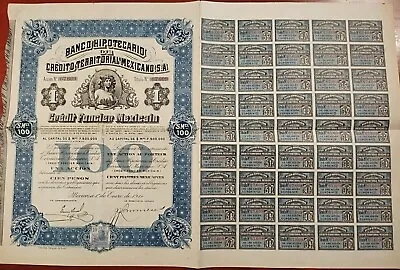 Mexico 1914 Banco Hipotecario Queen Elizabeth $ 100 Pesos All Coupons Bond Loan • $45