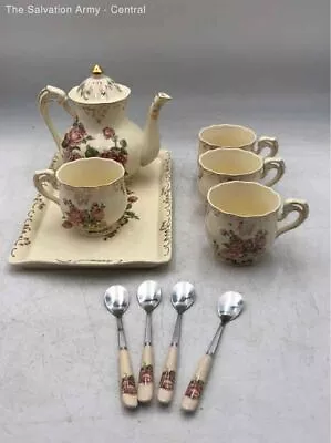 Ivory Pink Rose Porcelain Teapot Cups Serving Tray And Spoon Tea Set • $9.99