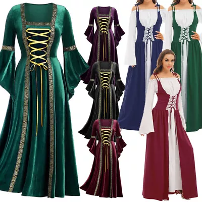 Women Medieval Renaissance Costume Halloween Cosplay Costume Flare Sleeve Dress • $33.91