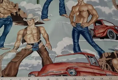 ALEXANDER HENRY Fabric - WRANGLERS - Sexy Cowboys - On Gray - BY THE HALF YARD • $9.95
