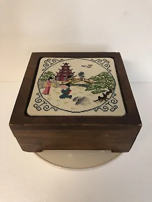 Asian Vintage Hand Crafted Needlepoint Proposal Bridge Lined Wood Bridal Box • £15.96