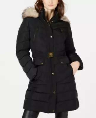 Vince Camuto Hooded Faux-Fur-Trim Belted Puffer Coat $275 Size XS # 6D 1104 Pr • $17.14