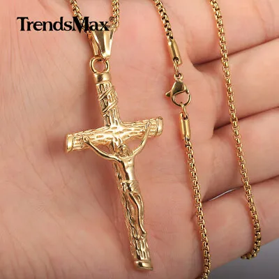 Men Gold Plated Jesus Christ Crucifix Cross Pendant Necklace 16 -30  Box Chain  • $10.99