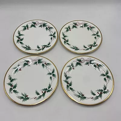 (4) MIKASA Bone China RIBBON HOLLY SALAD Plate JAPAN Gold Trim Christmas 8 1/4 • $79.95